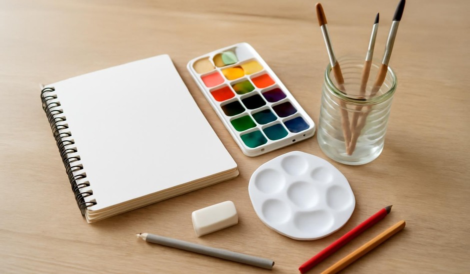 A tidy selection of basic art supplies on a table