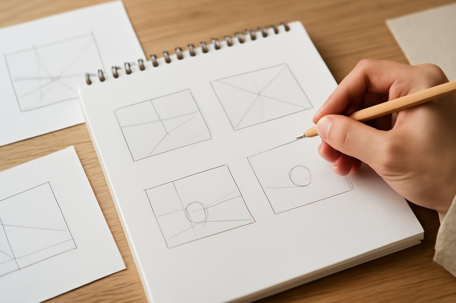 Sketches showing compositional thumbnails and focal points