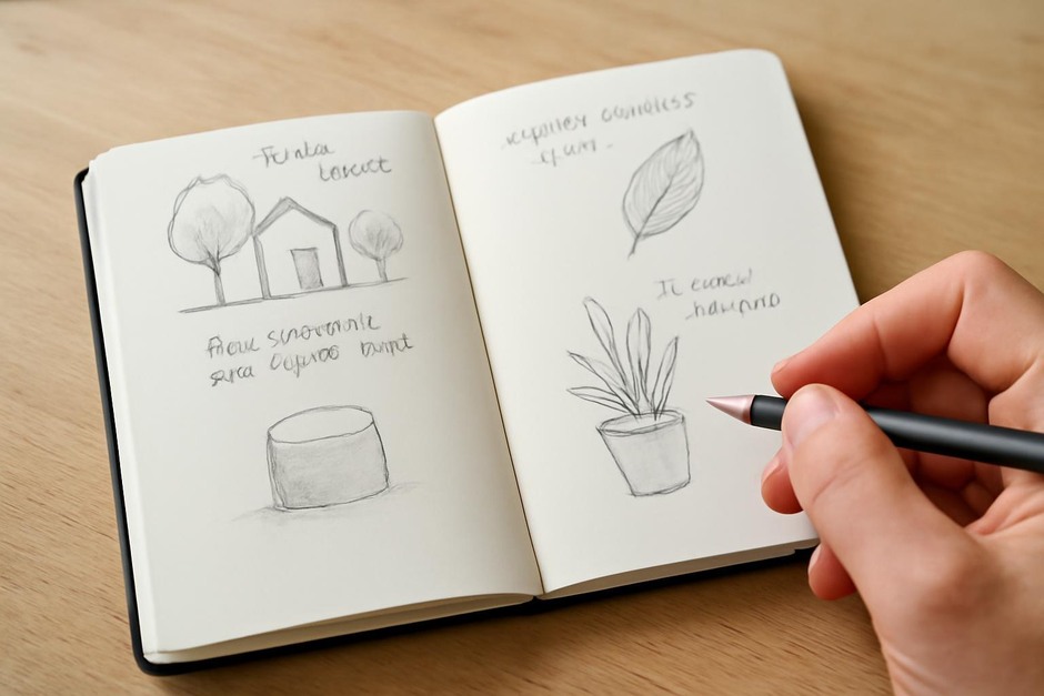 Open sketchbook with simple drawings and notes