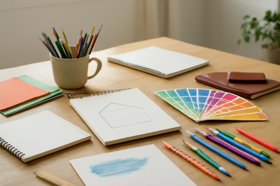 Abstract art desk with color swatches, brush marks, and sketchbook studies.