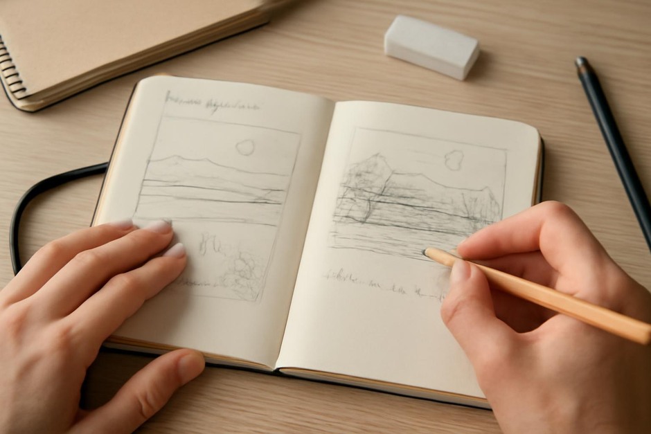 A visual diary with rough sketches and development notes