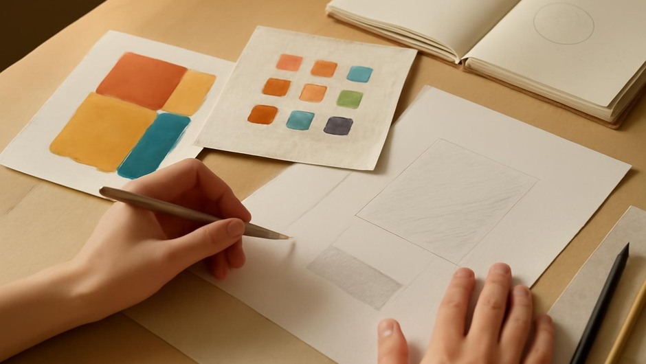 Bright studio image with paint textures, paper layers, and geometric color blocks.